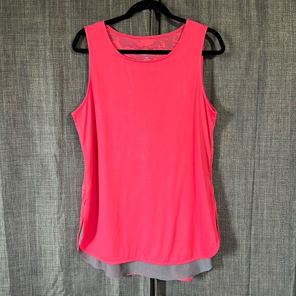Tangerine pink tank top with gray underlay floral sheer back size large
